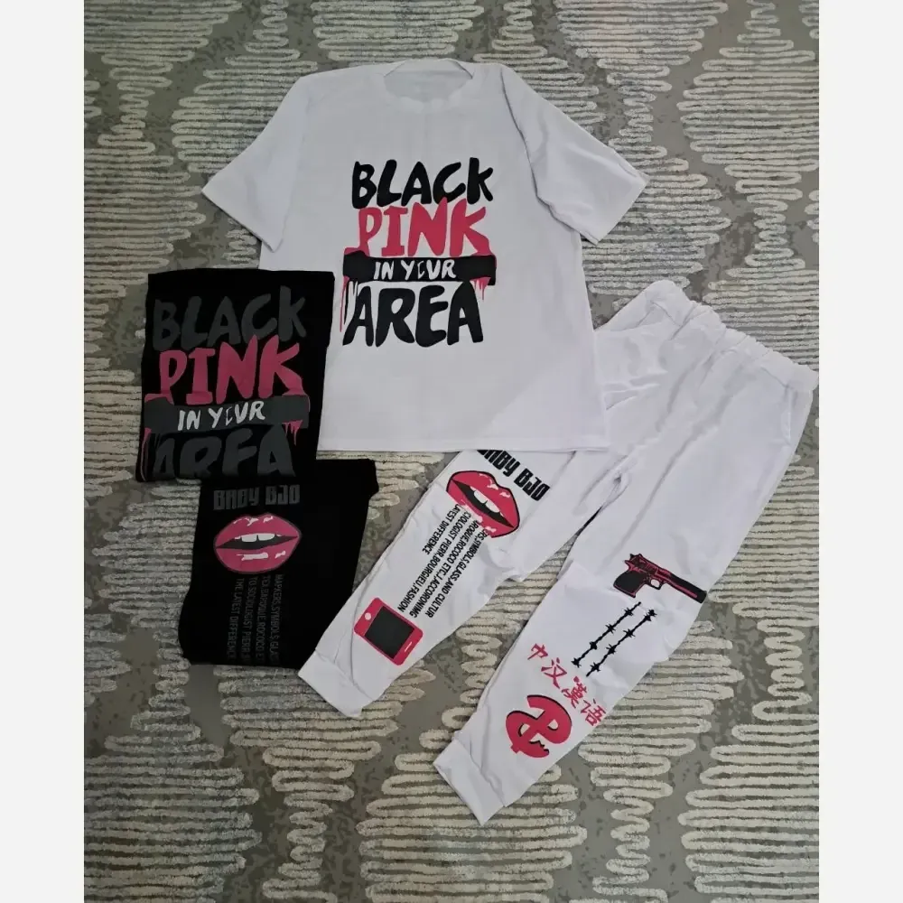 ست تیشرت و شلوار زنانه بلک پینک دورس اسپان سفید فری سایز