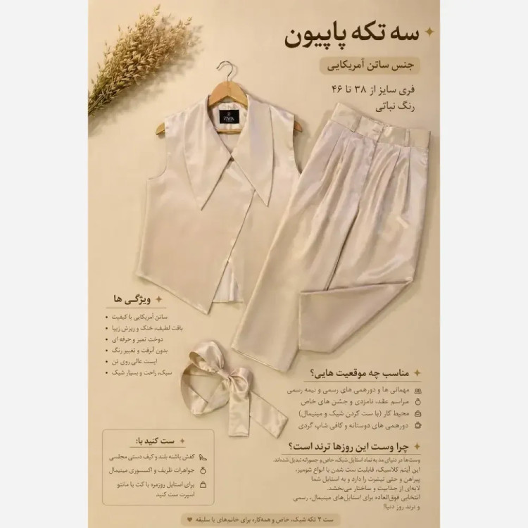 ست سه تکه مجلسی زنانه جنس ساتن آمریکایی اعلا فری سایز