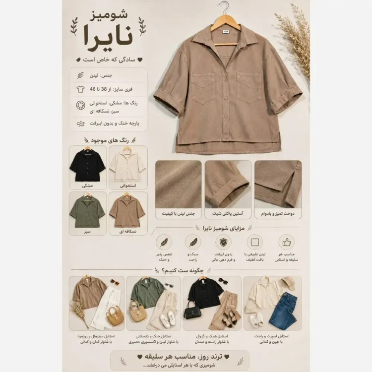 شومیز لینن دو جیب نایرا فری سایز زنانه