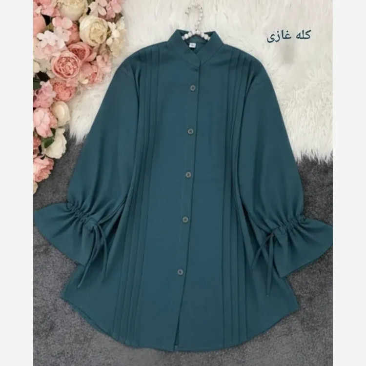 مانتو داکرون آستین شیپوری بنددار چهار پیله قد 75