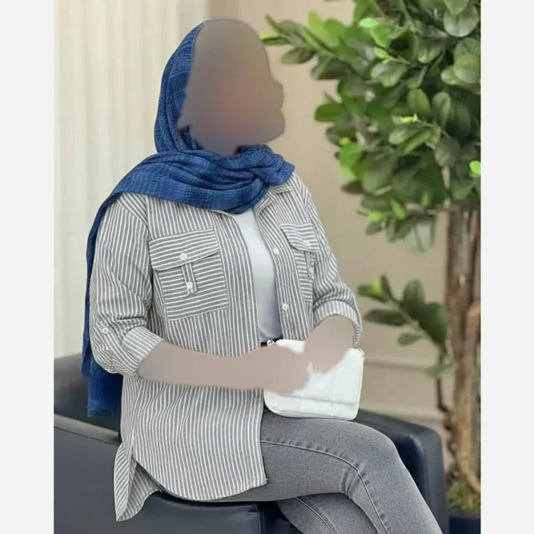 بلوز نخی راه راه جیب صلیبی فری سایز 38 تا 46 طوسی و آبی