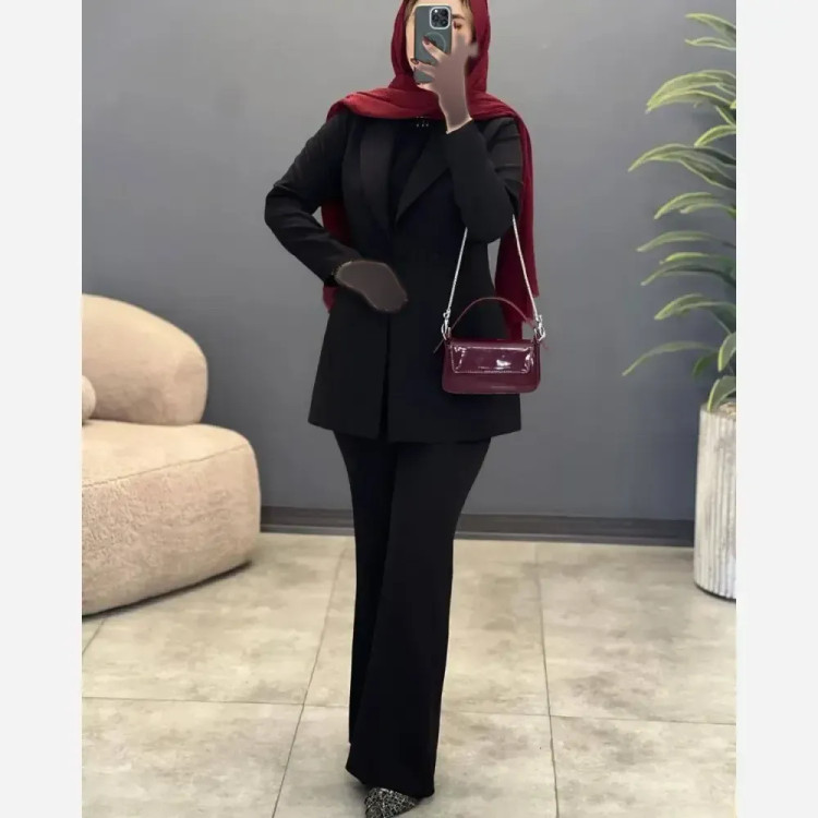 کت و شلوار زنانه مدل رانا جنس مازراتی رنگ مشکی سایز 1 و 2