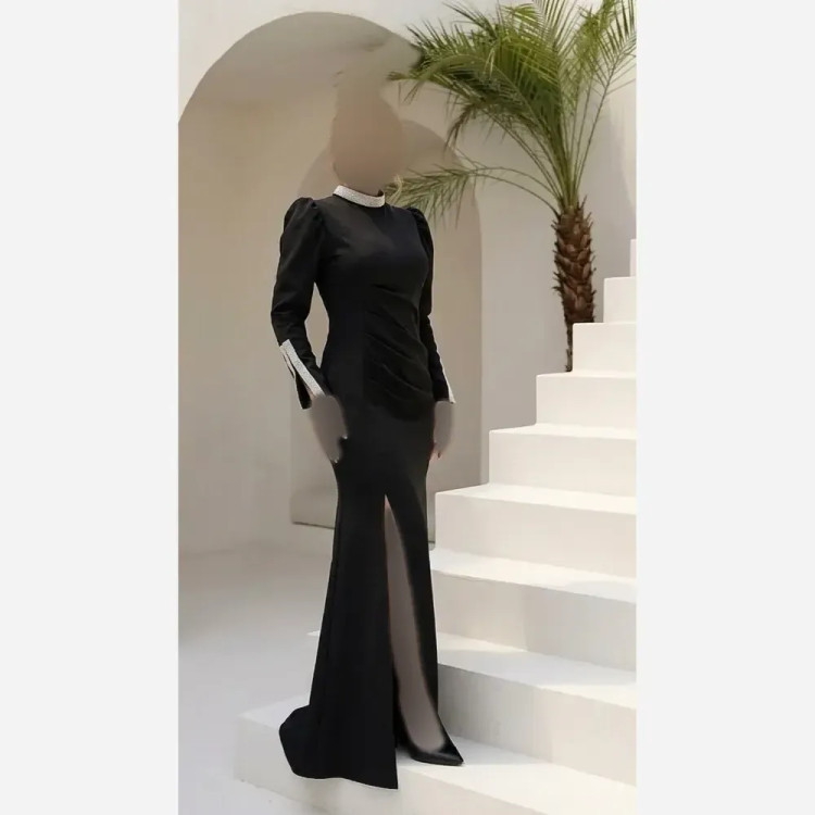 پیراهن مازاراتی مشکی بلند دنباله دار خرجکار نگینی دوخت شده دنیز سایز بزرگ