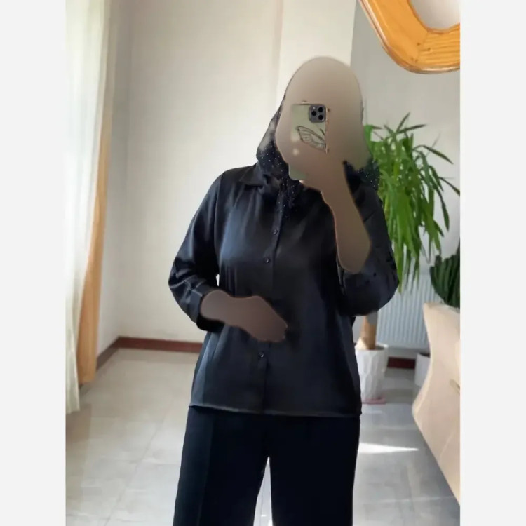 شومیز ساتن ابریشم مشکی مدل رضوان سایز 38 تا 46