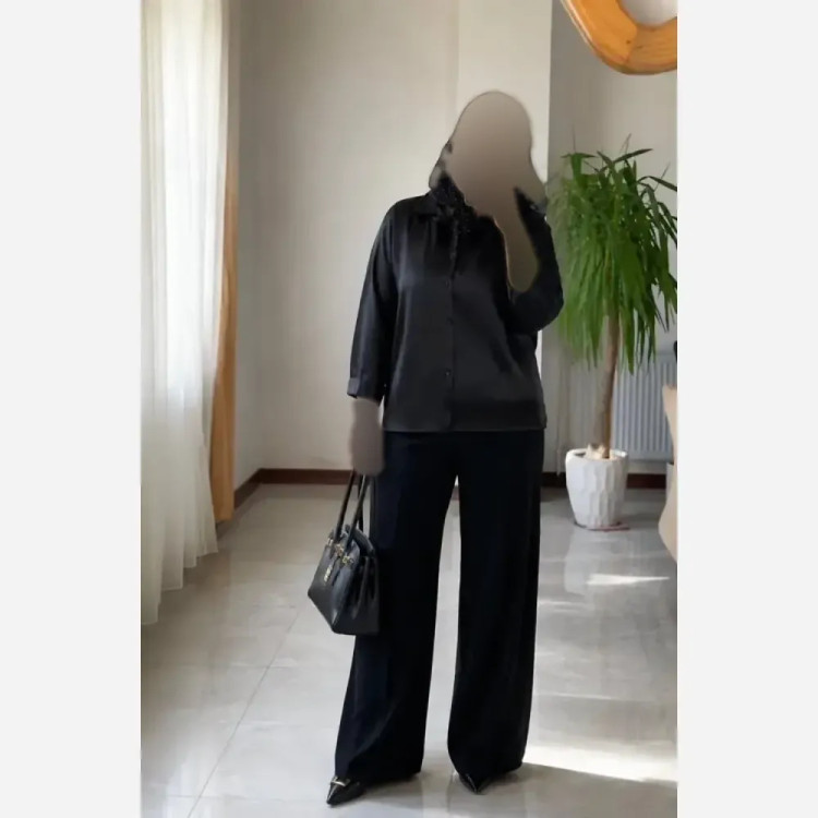 شومیز ساتن ابریشم مشکی مدل رضوان سایز 38 تا 46
