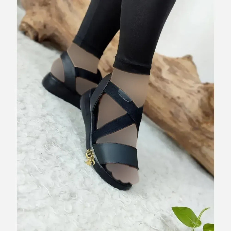 صندل طبی زنانه مدل هپی کشی چرم مصنوعی رنگ مشکی و کرم