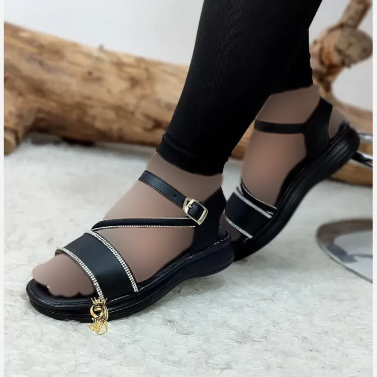 صندل طبی نگینی زنانه مدل حدیث چرم مصنوعی رنگ مشکی و کرم