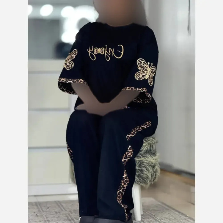 ست بلوز و شلوار زنانه آستین پروانه قواره دار پنبه مشکی سایز 38 تا 54