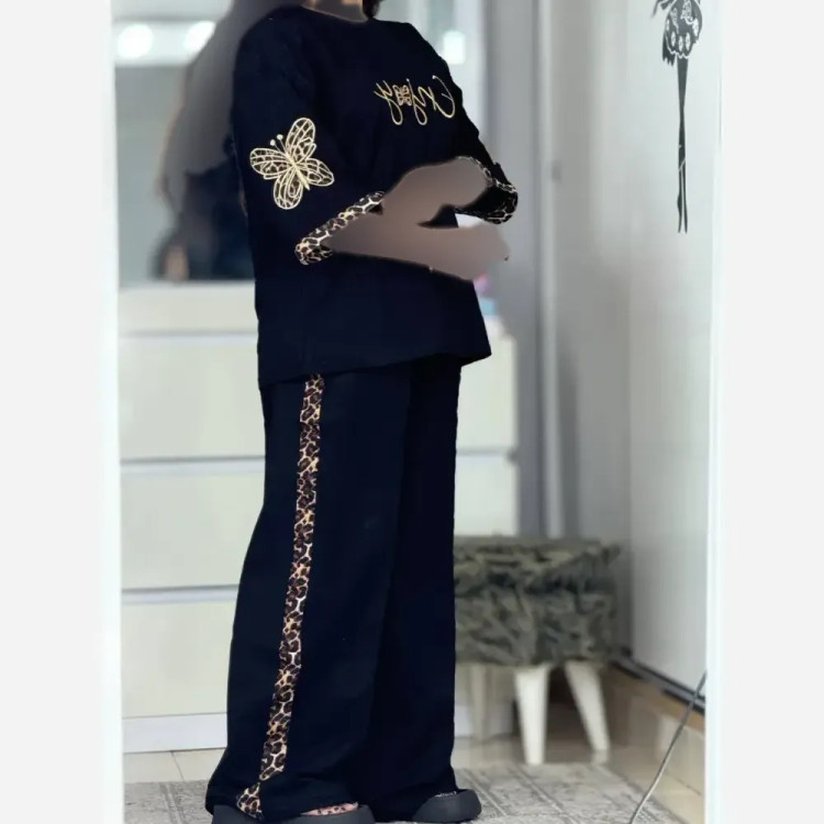 ست بلوز و شلوار زنانه آستین پروانه قواره دار پنبه مشکی سایز 38 تا 54