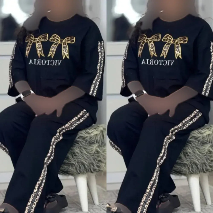 ست تیشرت و شلوار زنانه پنبه گلکسی رنگ مشکی فری سایز آرتینا