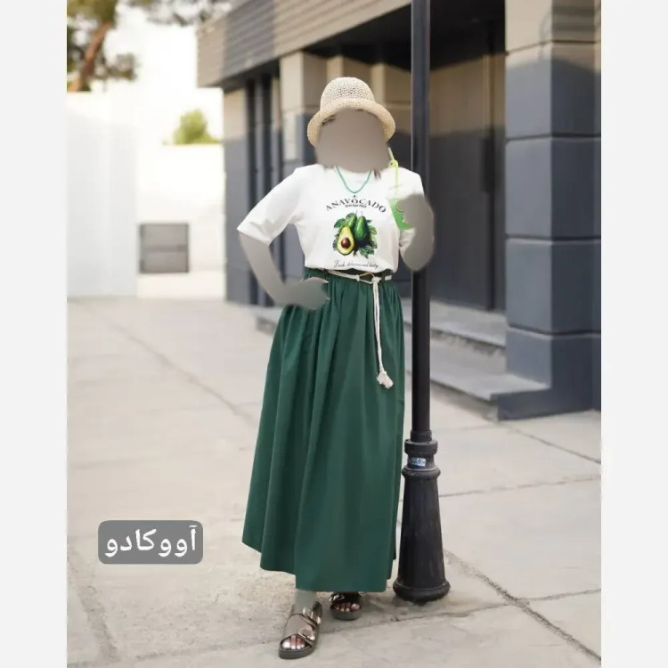 ست سه تیکه تیشرت و دامن مدل صدف دریایی جنس پنبه و کتان پری سایزبندی متنوع