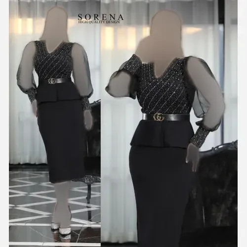 پیراهن مجلسی زنانه جنس غواصی گرم رنگ مشکی یقه هفت نگین دار سایز 36 تا 40 قد 135