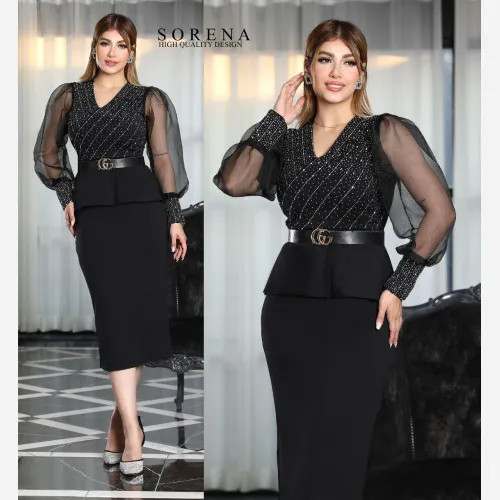 پیراهن مجلسی زنانه جنس غواصی گرم رنگ مشکی یقه هفت نگین دار سایز 36 تا 40 قد 135