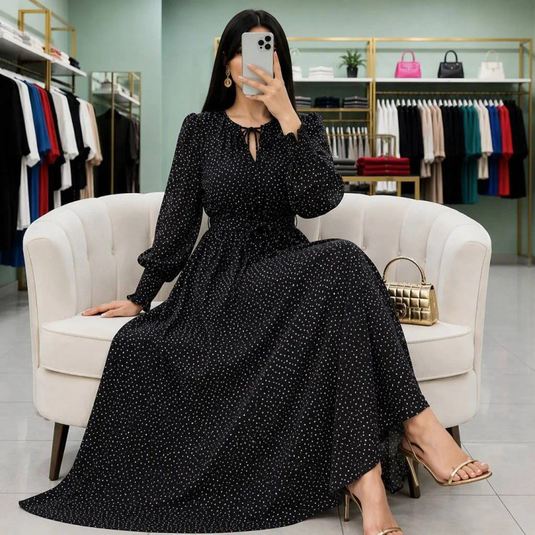 پیراهن بلند زنانه مدل شکیبا جنس بوگاتی رنگ مشکی خال خالی فری سایز