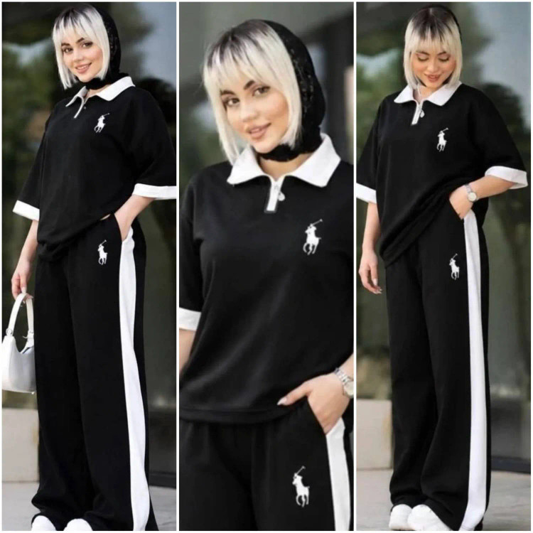 ست پولو زنانه جنس پنبه گلکسی رنگ مشکی سایز فری سایز