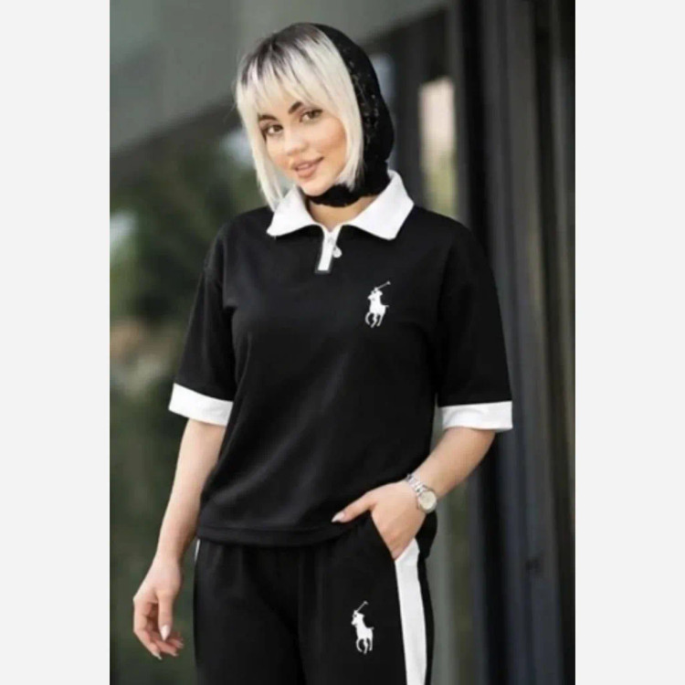 ست پولو زنانه جنس پنبه گلکسی رنگ مشکی سایز فری سایز