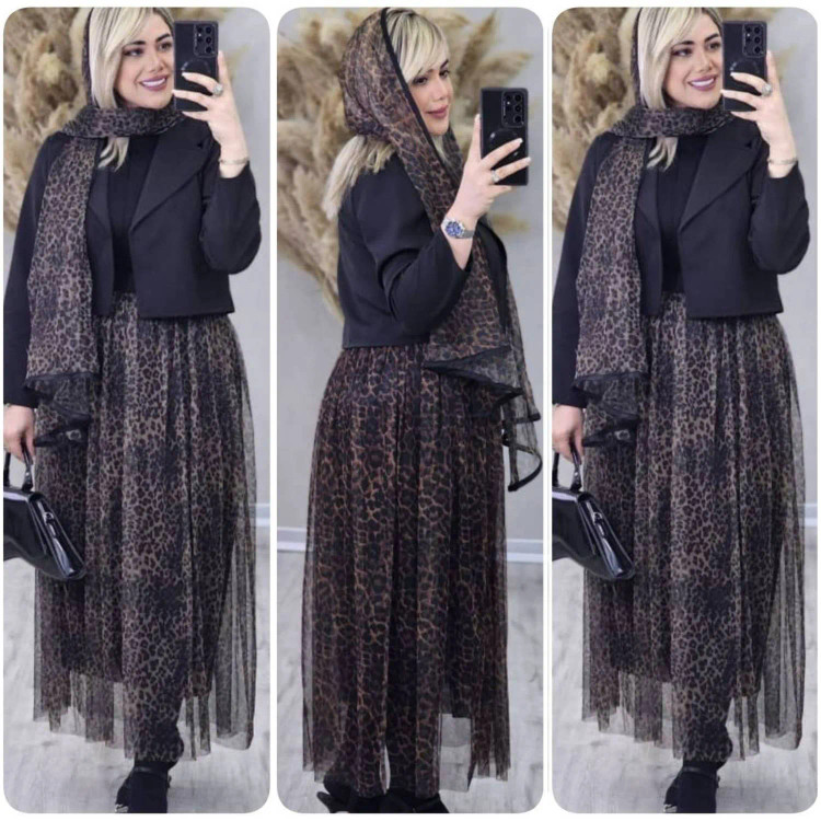 سه تیکه ترلان جنس مازراتی و تور پلنگی فری سایز