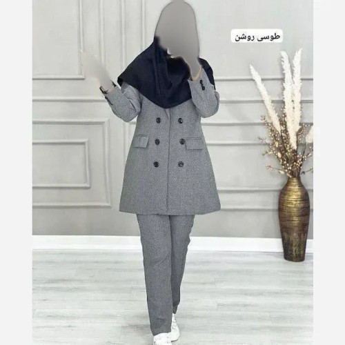 کت شلوار اداری زنانه جنس فاستونی رنگ مشکی سورمه ای طوسی