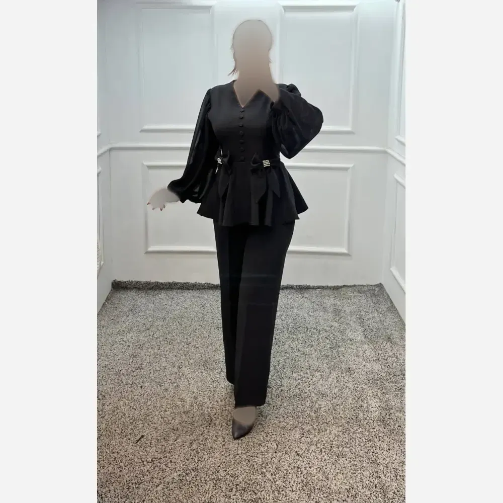 ست شومیز و شلوار زنانه مازراتی و حریر رنگ مشکی و سفید