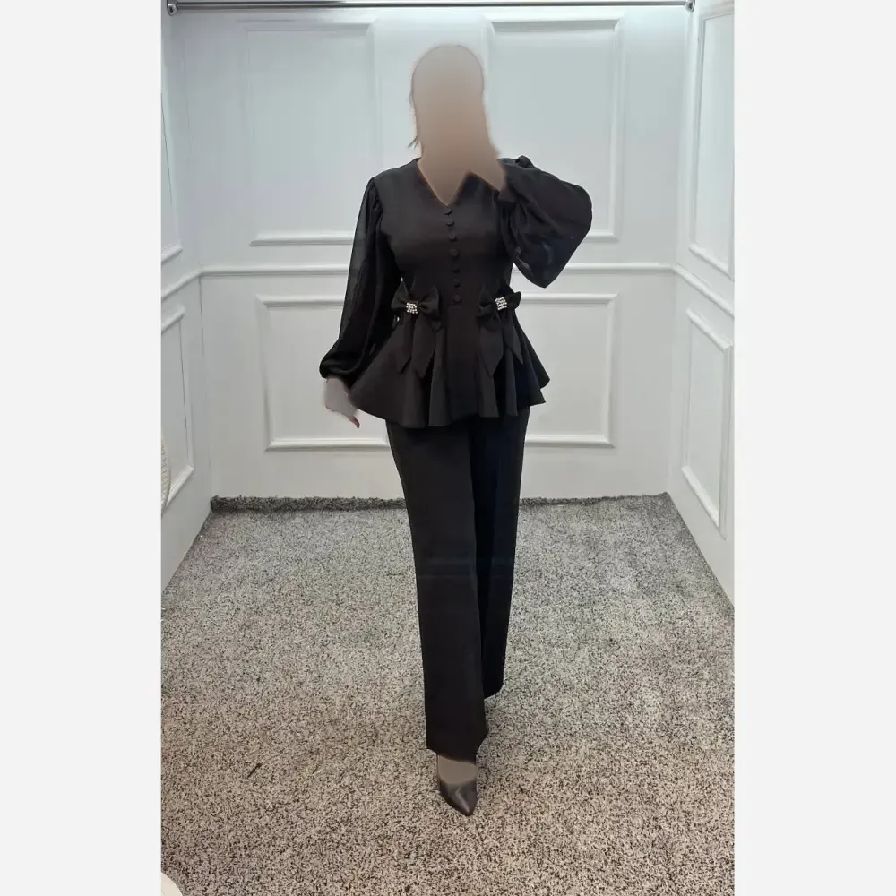 ست شومیز و شلوار زنانه مازراتی و حریر رنگ مشکی و سفید