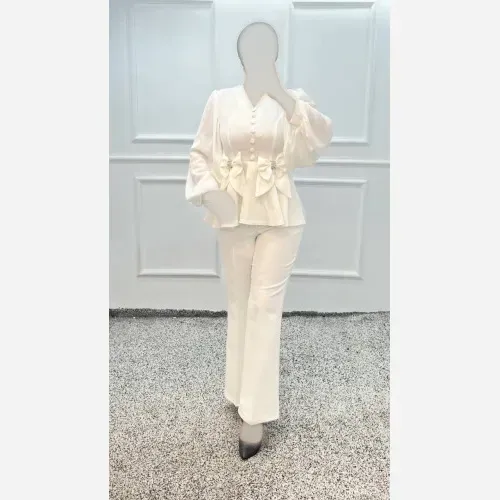 ست شومیز و شلوار زنانه مازراتی و حریر رنگ مشکی و سفید