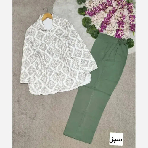 ست شومیز و شلوار مازراتی جلو دکمه باربی فری سایز سبز و مشکی