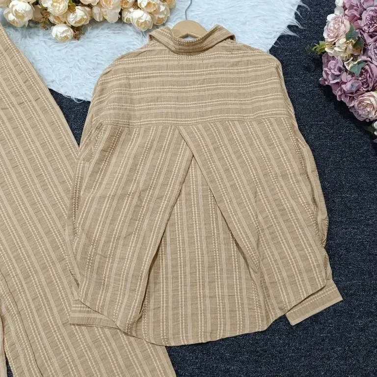 ست شومیز شلوار زنانه جنس کوک دوزی رنگ نسکافه ای و سدری