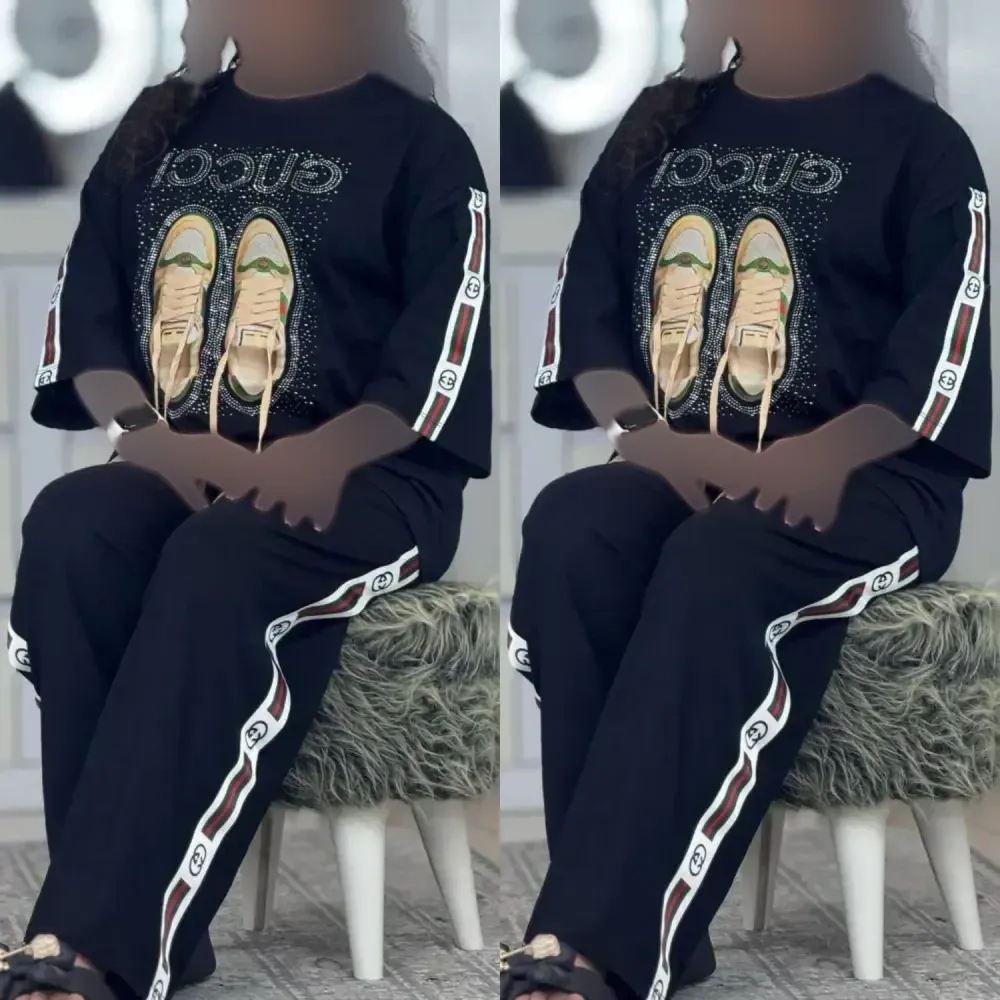 ست تیشرت و شلوار زنانه جنس پنبه گلکسی رنگ مشکی سایز فری سایز