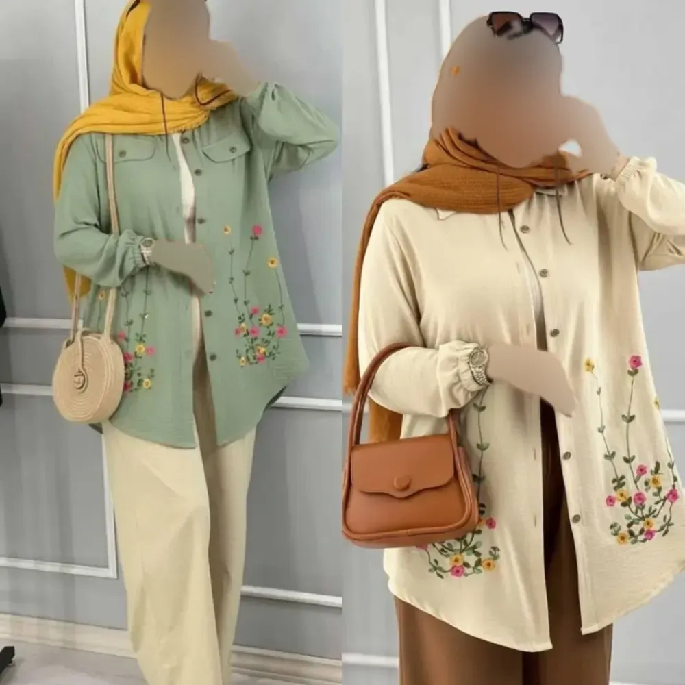 شومیز مانتویی گلدوزی شده جنس شانتون سایز یک و دو رنگ کرم طوسی سبزسدری