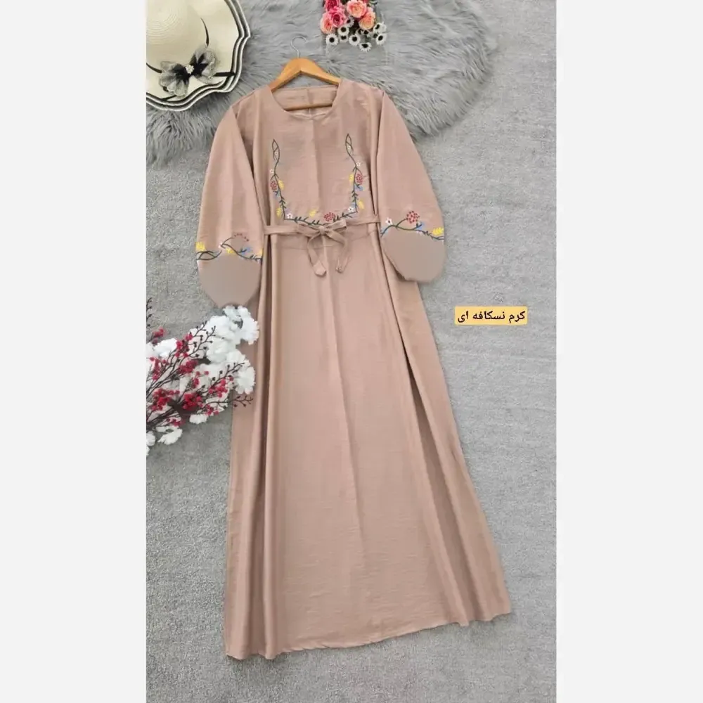 کفتان زنانه گلدوزی گلبرگ جنس بابوس فری سایز رنگ کرم نسکافه ای سبزسدری زرشکی