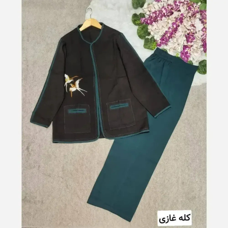 کت شلوار زنانه مدل پرستو پارچه مازراتی گلدوزی شده فری سایز