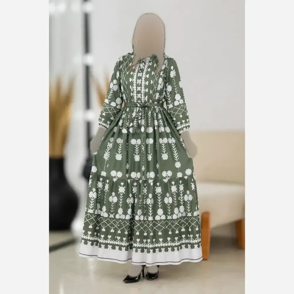 ساحلی زنانه آستین بلند جنس کرپ فلور سایز فری 36 تا 46 رنگ شکلاتی و سبز