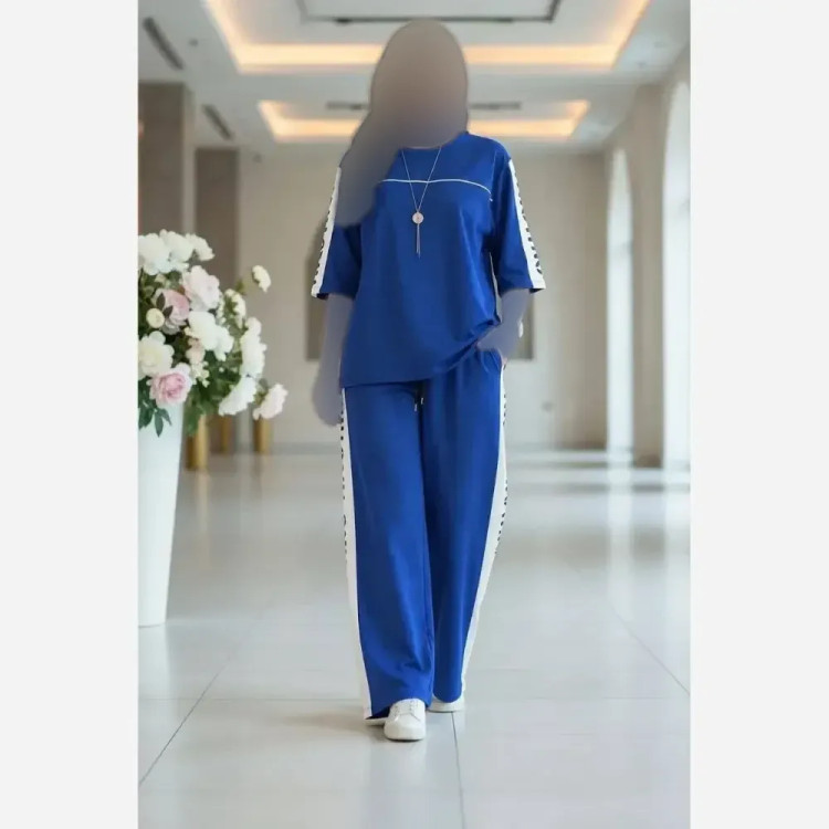 ست تیشرت شلوار گلکسی پنبه درجه یک زنانه فری سایز رنگبندی مشکی سرمه ای یاسی