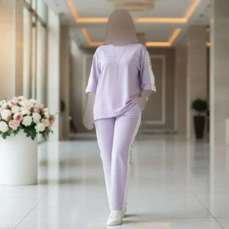 ست تیشرت شلوار گلکسی پنبه درجه یک زنانه فری سایز رنگبندی مشکی سرمه ای یاسی