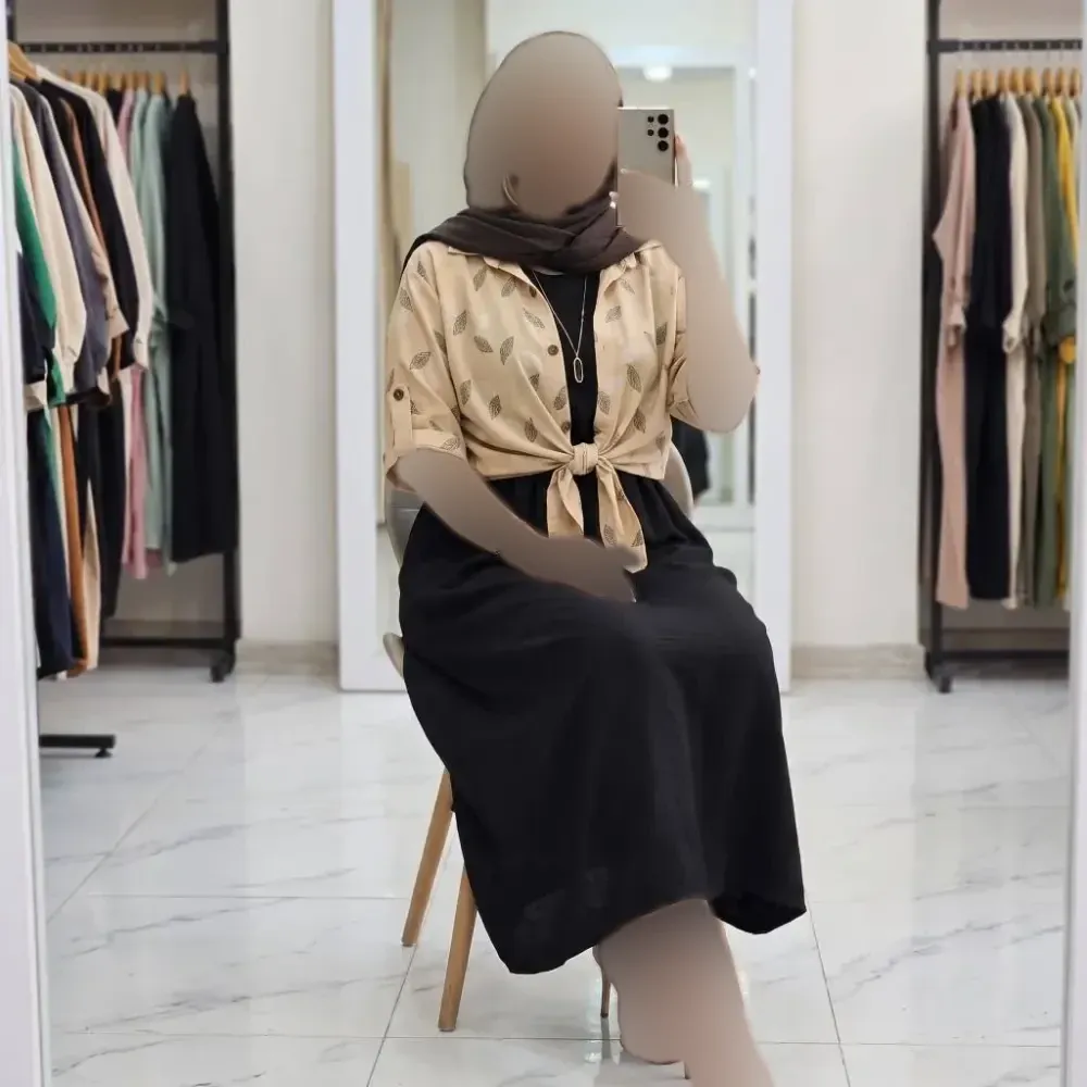 ست شومیز گره ای و سارافون شایلی جنس شانتون فری سایز کرم مشکی نسکافه ای مشکی