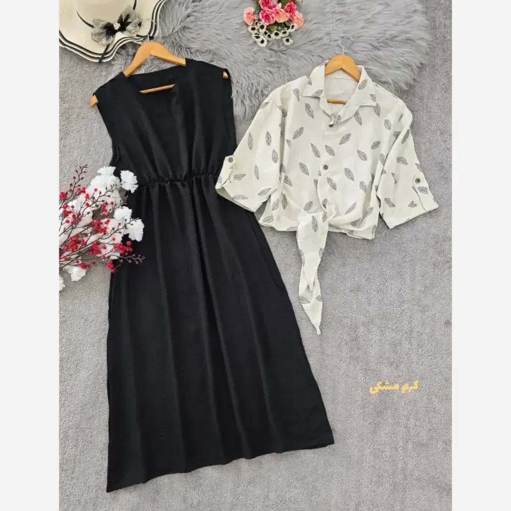 ست شومیز گره ای و سارافون شایلی جنس شانتون فری سایز کرم مشکی نسکافه ای مشکی