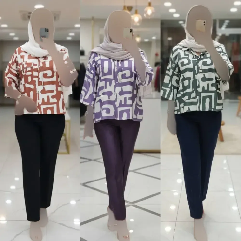 شومیز باکسی طرحدار سوفیا ژاکارد فری سایز با جیب کاربردی و نیمه کیمونو