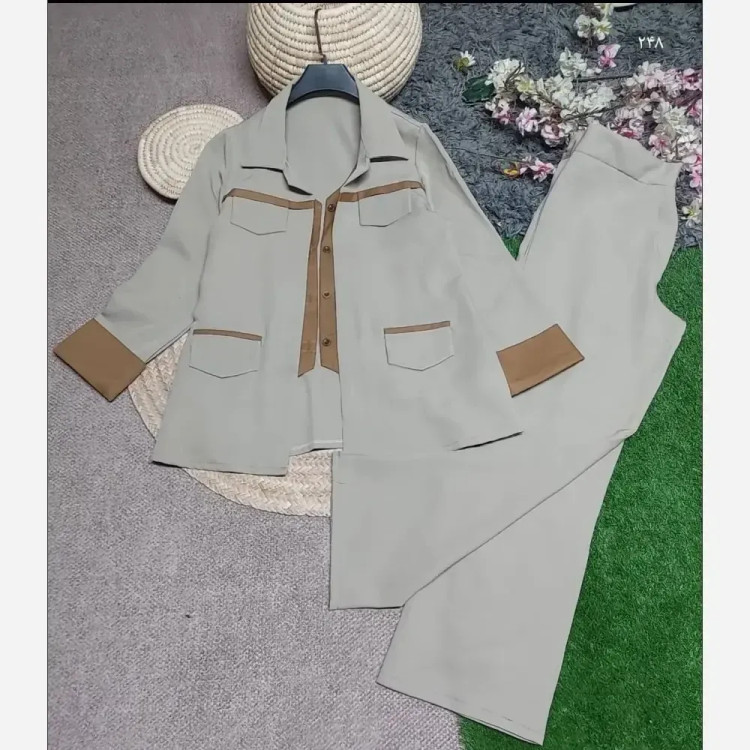 ست 2 تیکه زنانه جنس سوپرمازراتی اعلا مدل دلداده رنگ مشکی قهوه ای نسکافه ای سایز 38 تا 46 فری سایز
