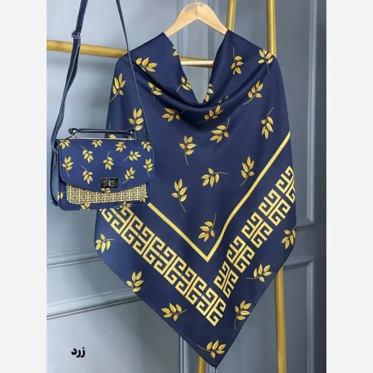 ست کیف و روسری طرح برگ جیوانچی مخمل و چرم صنعتی نخی منگوله دار سایز 130