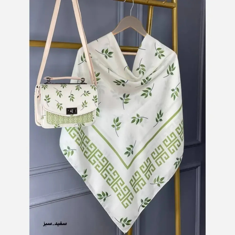ست کیف و روسری طرح برگ جیوانچی مخمل و چرم صنعتی نخی منگوله دار سایز 130