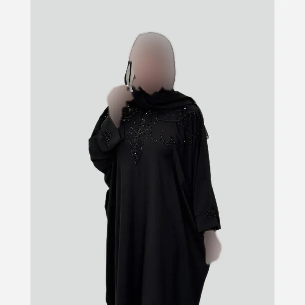 عبا زنانه مجلسی مشکی دستی دوزی جنس الیزه اعلا وارداتی قد 140 سایز 38 تا 60