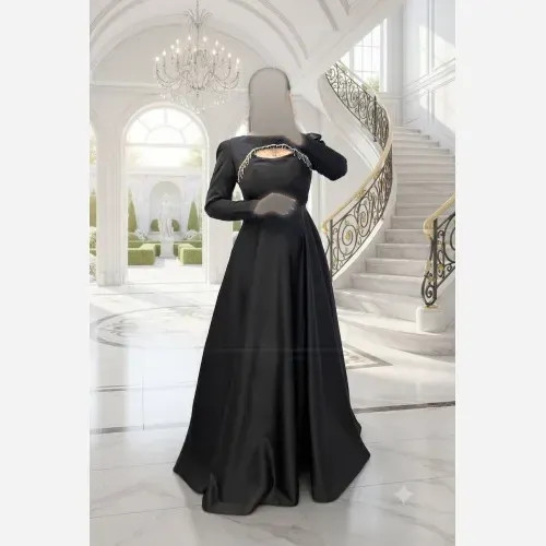 ماکسی مجلسی زنانه ساتن آمریکایی رنگ مشکی قد 155 کمربنددار