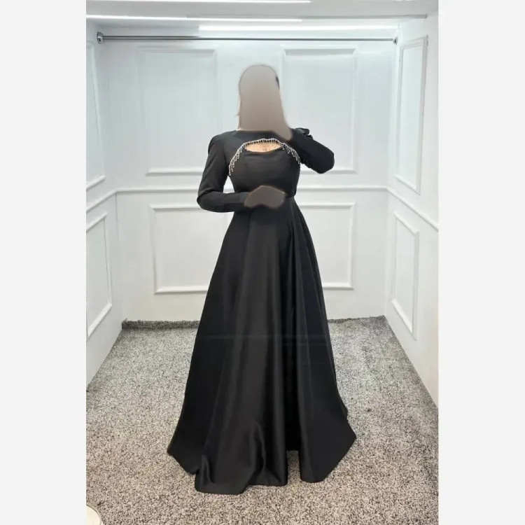 ماکسی مجلسی زنانه ساتن آمریکایی رنگ مشکی قد 155 کمربنددار