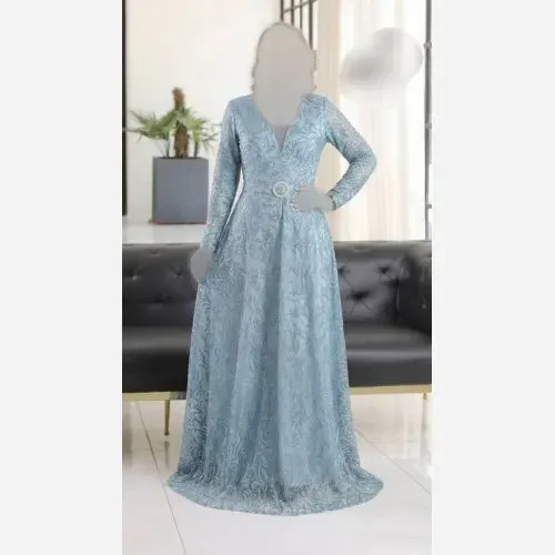 ماکسی مجلسی زنانه حریر شاین پفکی کمربنددار رنگ آبی سایز بزرگ