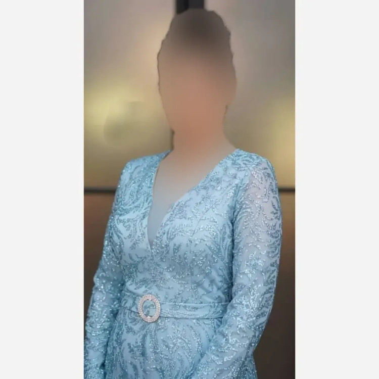 ماکسی مجلسی زنانه حریر شاین پفکی کمربنددار رنگ آبی سایز بزرگ