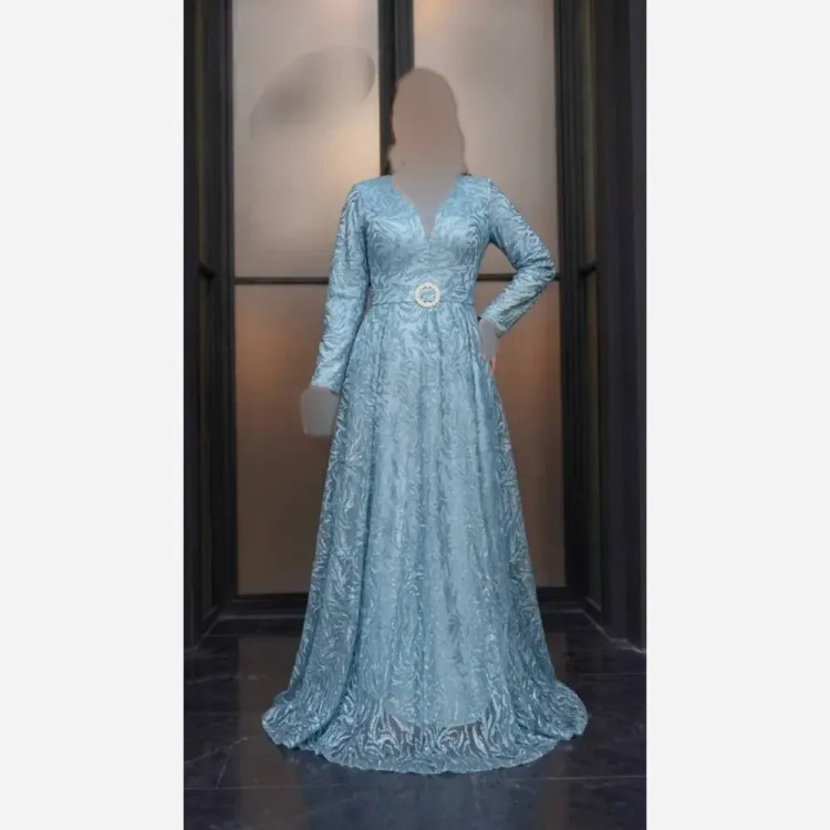 ماکسی مجلسی زنانه حریر شاین پفکی کمربنددار رنگ آبی سایز بزرگ