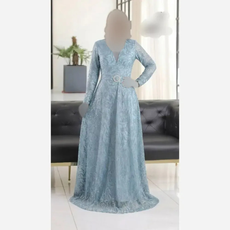 ماکسی مجلسی زنانه حریر شاین پفکی کمربنددار رنگ آبی سایز بزرگ