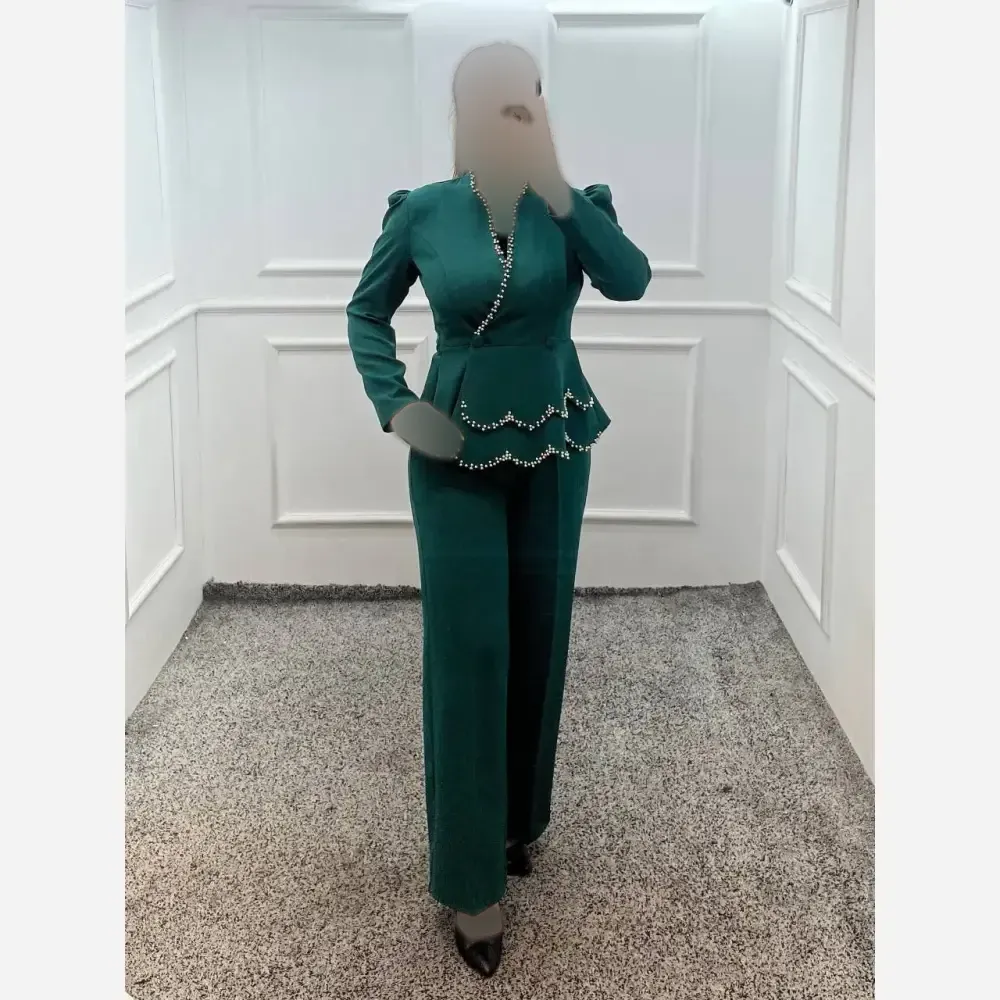 ست کت و شلوار زنانه جنس مازراتی درجه یک مروارید دوزی شده