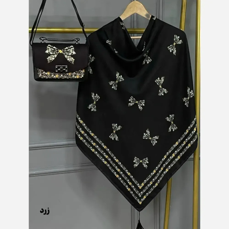ست کیف و روسری مخمل و چرم صنعتی پاپیون رز قواره 130 رنگارنگ