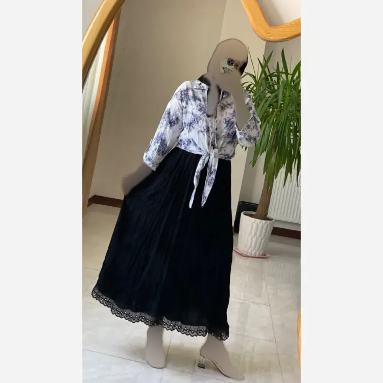 دامن قواره دار چروک بلند زنانه جنس کرپ خاویار فری سایز مشکی